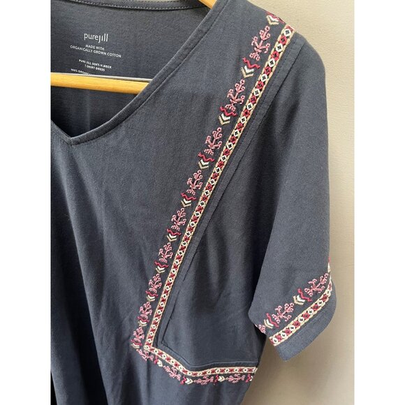 Pure Jill‎ Womens Organic Cotton Embroidered Navy V-Neck T-Shirt Dress Size S - Picture 2 of 4
